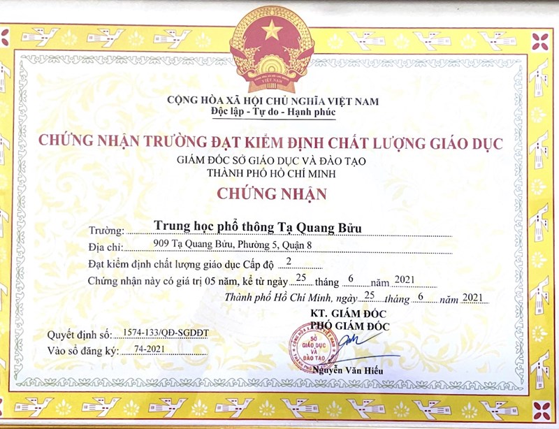 Quyết định công nhận đạt tiêu chuẩn chất lượng giáo dục năm học 2020-2021